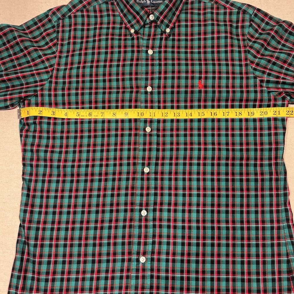 Ralph Lauren Mens Medium Blueish Green Button Up Shirt Windowpane Plaid Red Pony - Picture 7 of 11